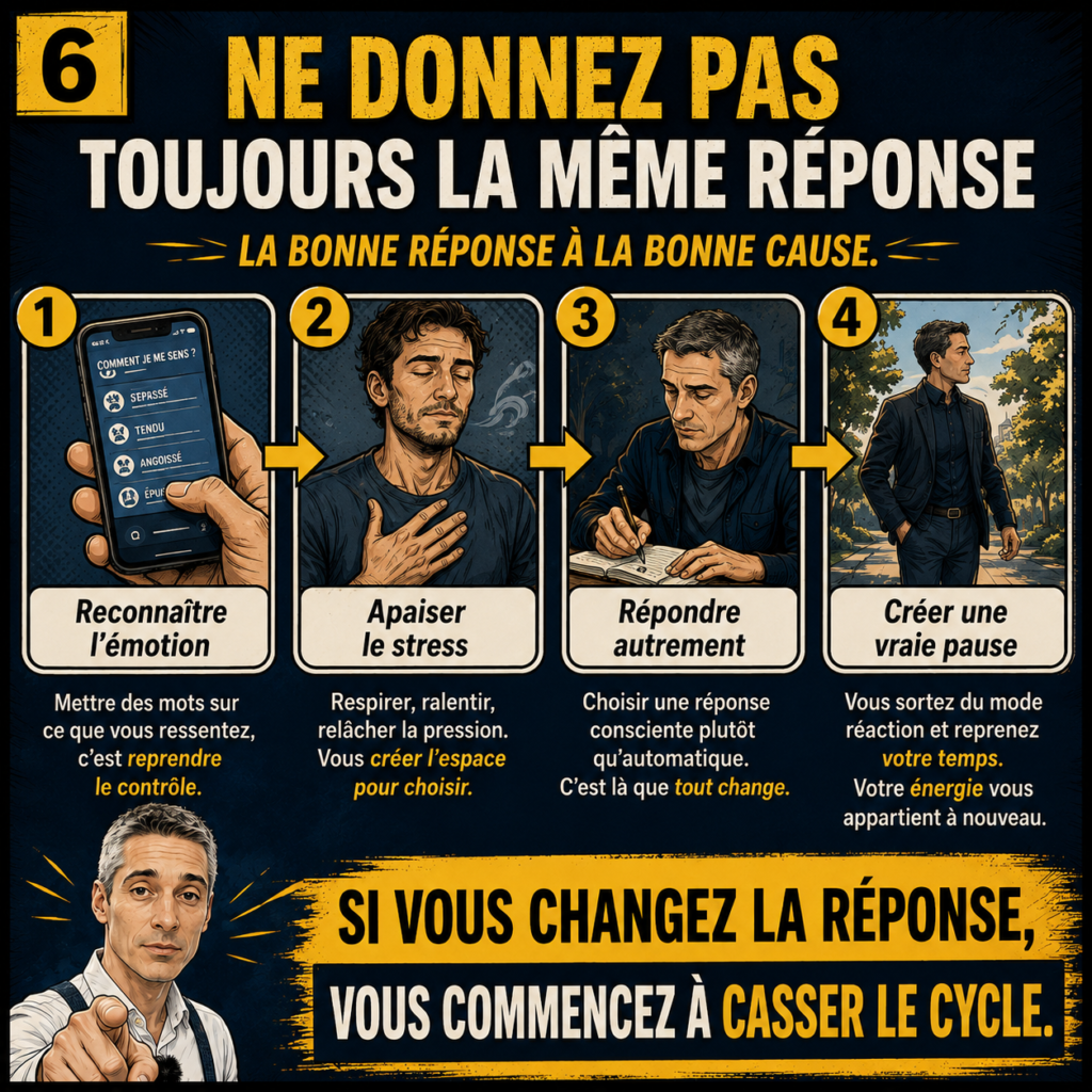 Illustration expliquant comment interrompre la cyberdépendance en reconnaissant l’émotion, en apaisant le stress, en répondant autrement et en créant une vraie pause.