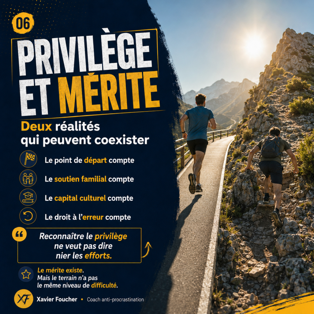 Illustration montrant deux parcours différents pour expliquer que le privilège ne supprime pas le mérite, mais modifie le niveau de difficulté.