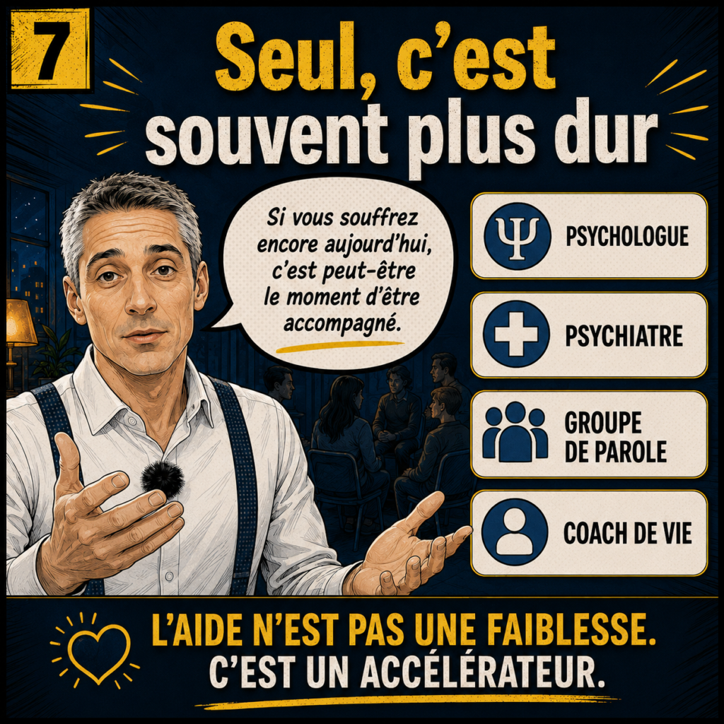 Illustration de Xavier Foucher expliquant que l’accompagnement par un psychologue, psychiatre, groupe de parole ou coach de vie peut aider à sortir de la cyberdépendance.