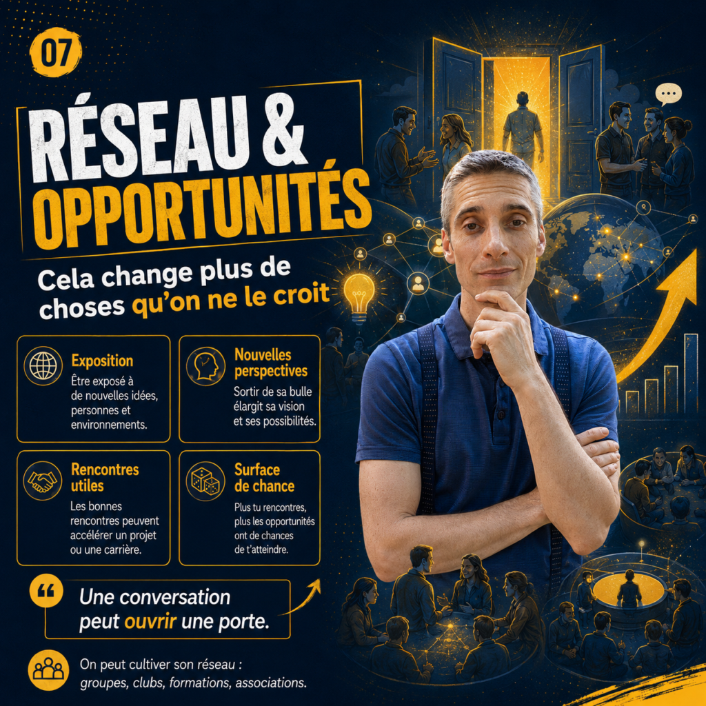 Image présentant 5 conseils pour avancer : ne pas faire de son talent une identité, travailler ses méthodes, regarder son environnement, cultiver son réseau et accueillir l’échec.