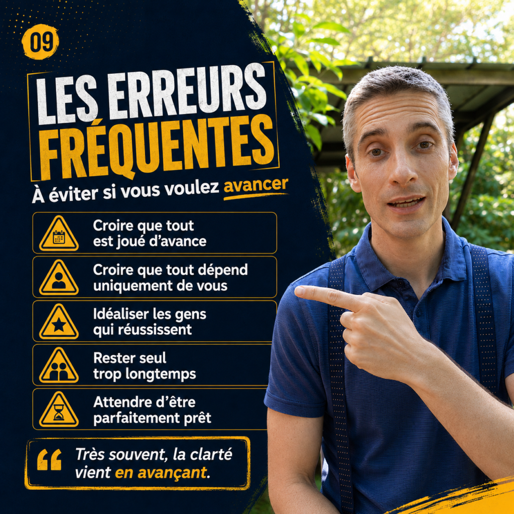 Image listant les erreurs à éviter : croire que tout est joué d’avance, croire que tout dépend de soi, idéaliser ceux qui réussissent, rester seul et attendre d’être prêt.
