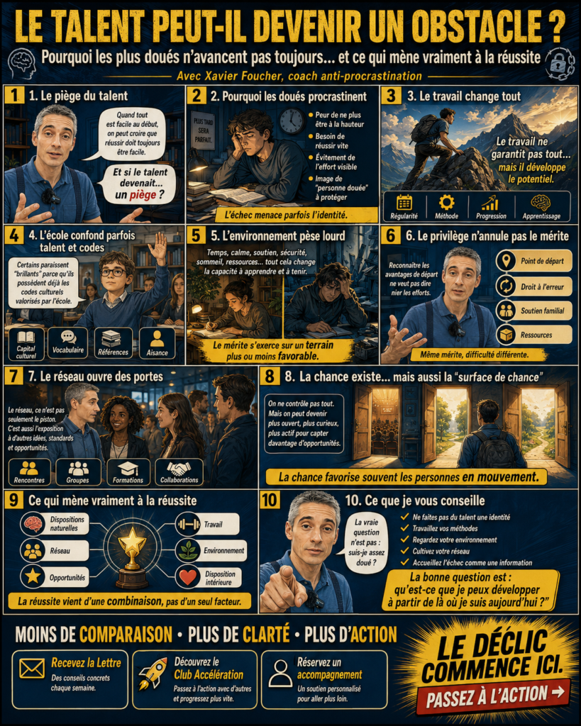 Bande dessinée illustrant le lien entre talent et travail, avec Xavier Foucher expliquant pourquoi la réussite dépend aussi de l’environnement, du réseau, des opportunités, de la méthode et de la capacité à passer à l’action.